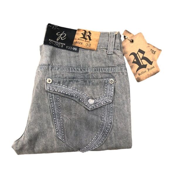 Brand New Reflex Embroidered Jeans Size 32 Gray - Picture 1 of 7